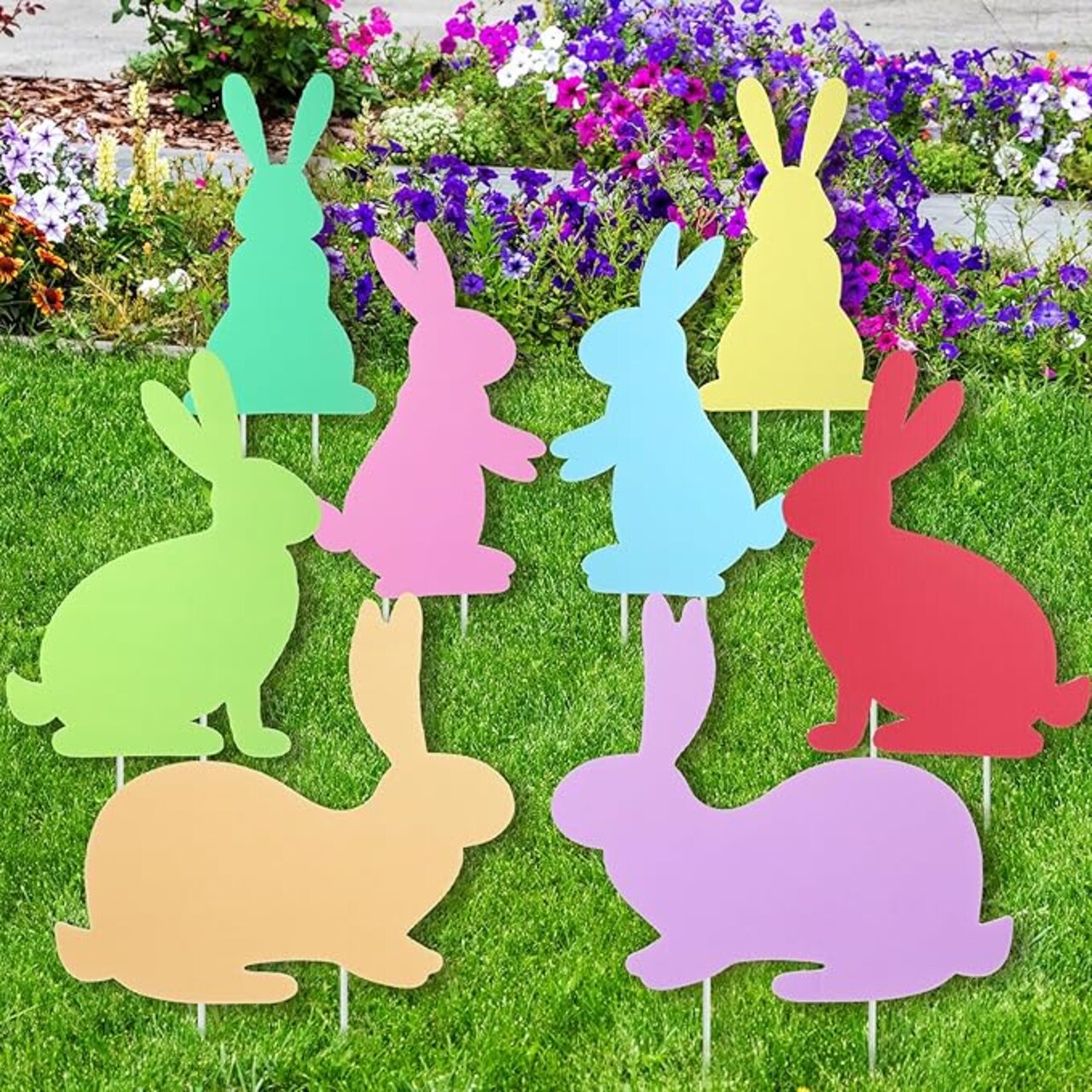 8 Pcs Easter Yard Signs with Stakes Outdoor Garden Bunny Lawn Signs Decorative Bunny Yard Stakes Rabbit Easter Decorations for Easter Hunt Game Home Spring Props Party Supply (Lively Style)